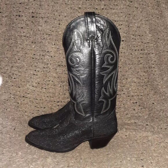 NOCONA-Classic Black Leather & Exotic Sting Ray Cowboy Boots-Sz 5C Nocona=6 Wome - Picture 2 of 9